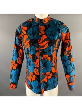 MARNI Size S Blue Black Orange Floral Cotton Pointed Collar Long Sleeve Shirt